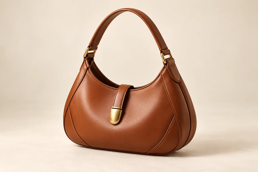 Polished cognac leather crescent handbag with brass hardware