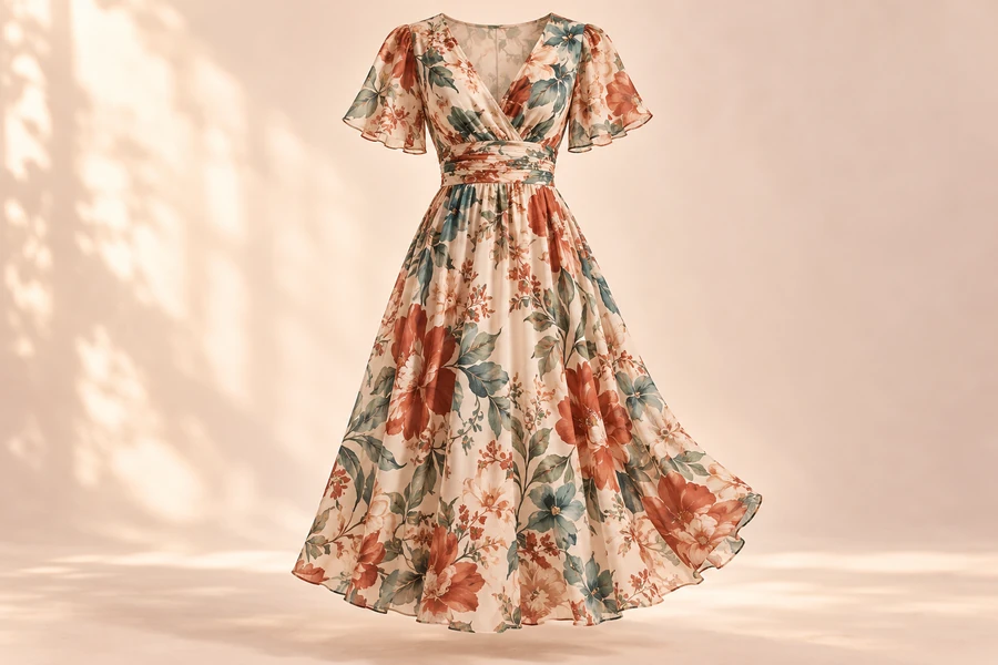 Flowing cream midi dress with rust and teal botanical print