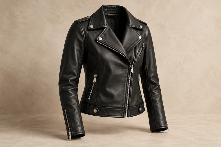 Black leather moto jacket with silver hardware