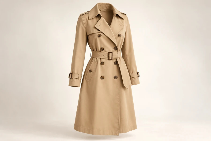 Double-breasted sand-colored tailored trench coat